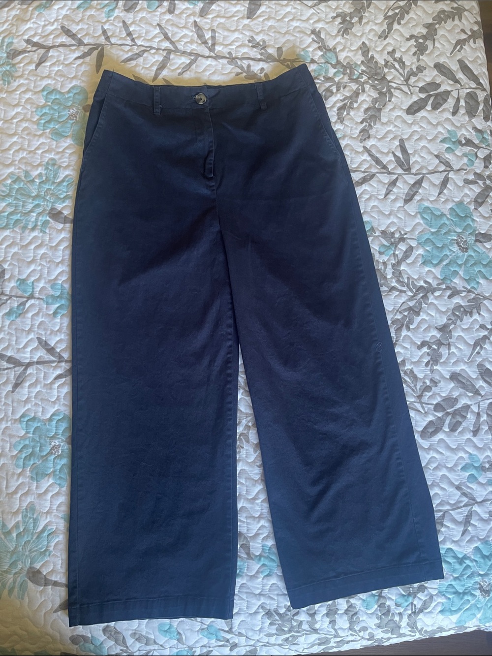 Ophelia Roe  Navy HighWaist Wide Leg Casual Cotton Spandex Pants with Pockets 12